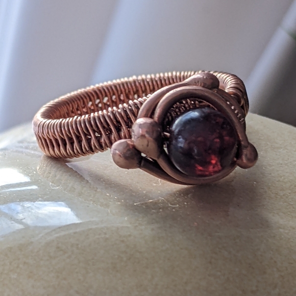 Handmade Garnet Ring Copper Wrapped Gemstone Unique Artistic Designer Jewelry - Picture 6 of 16
